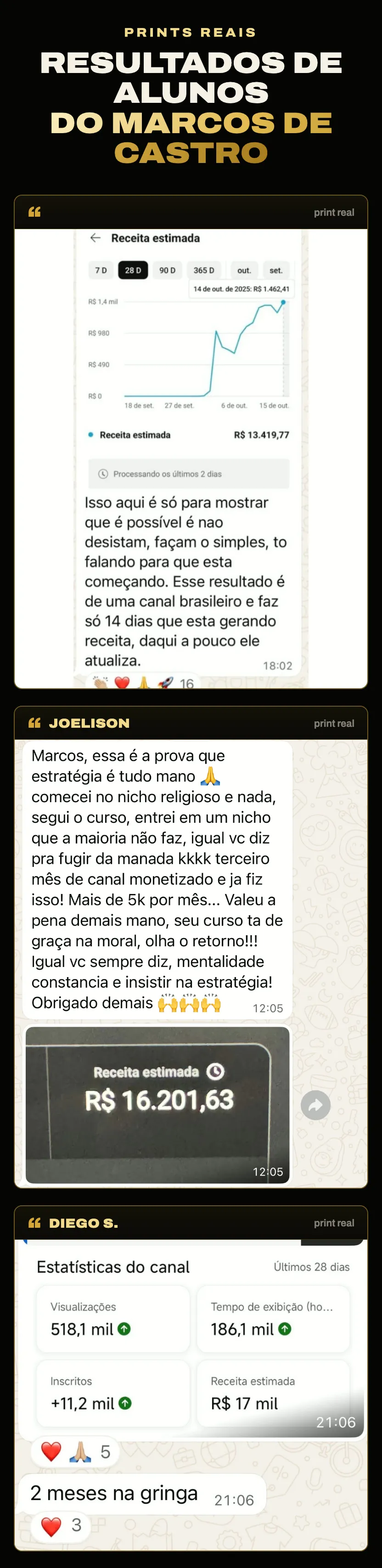 Prints de depoimentos de alunos