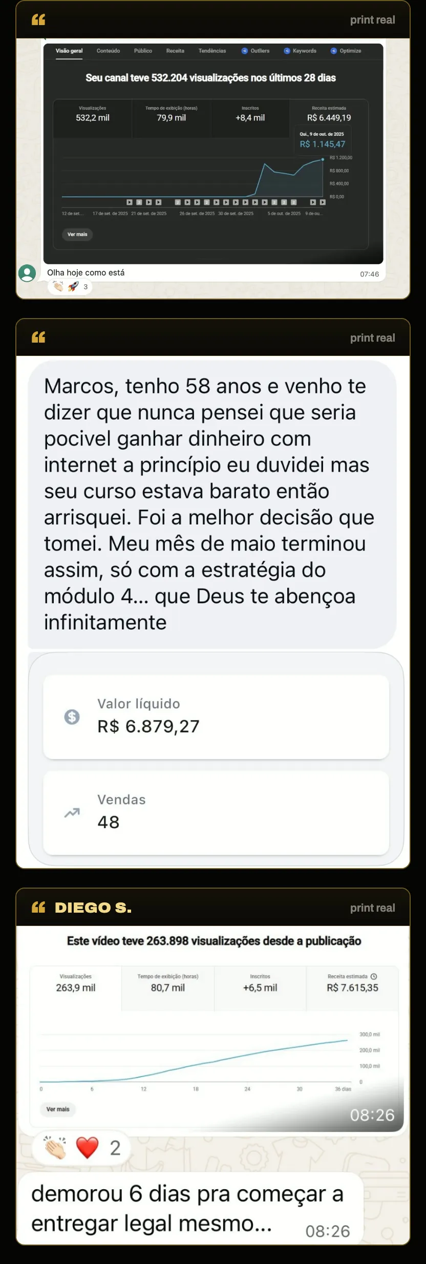 Prints de depoimentos de alunos