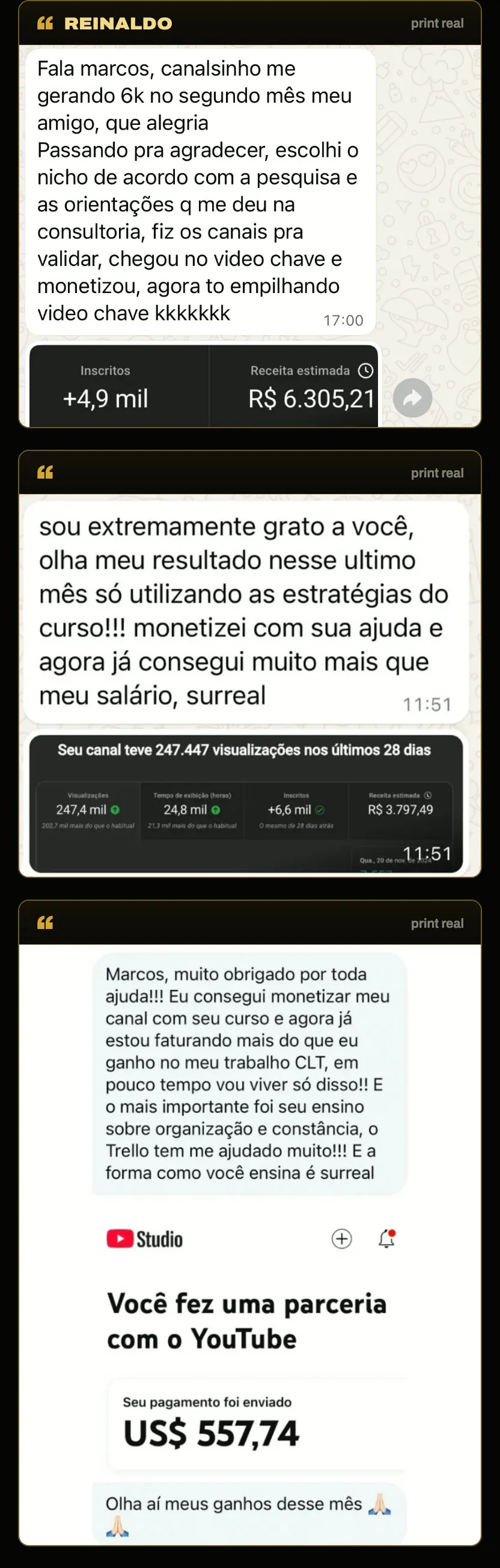 Prints de depoimentos de alunos