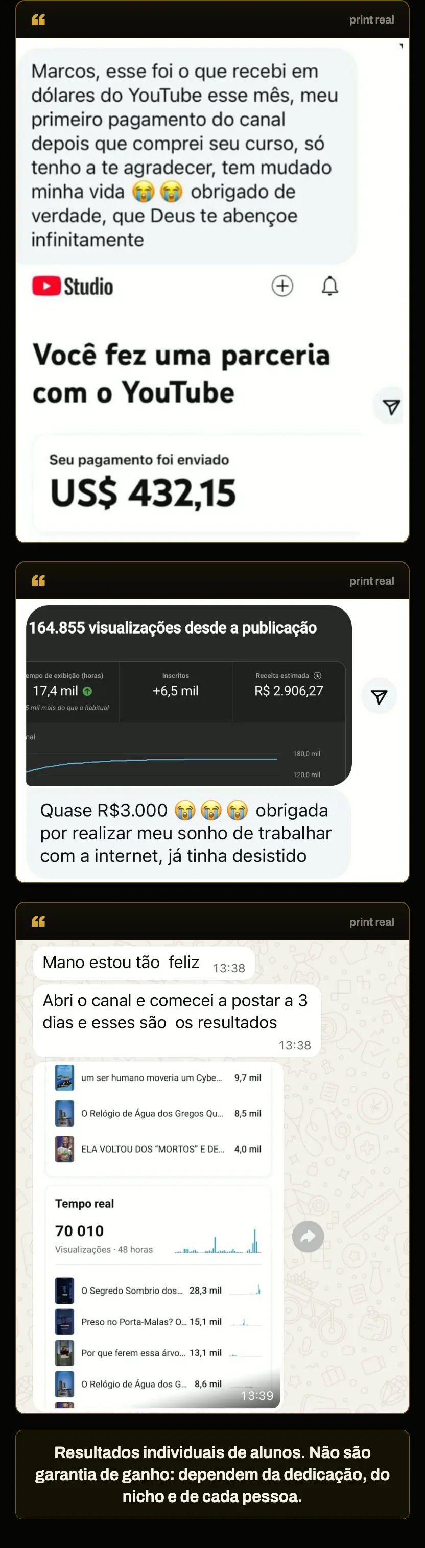 Prints de depoimentos de alunos