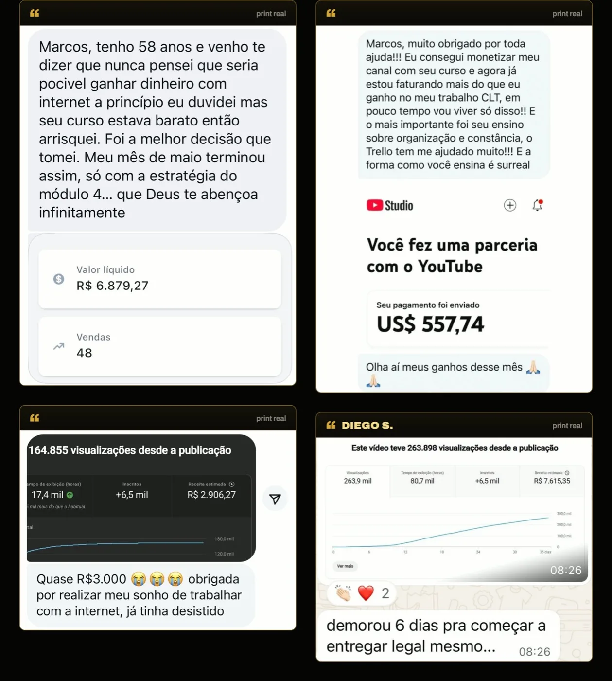Prints de depoimentos de alunos