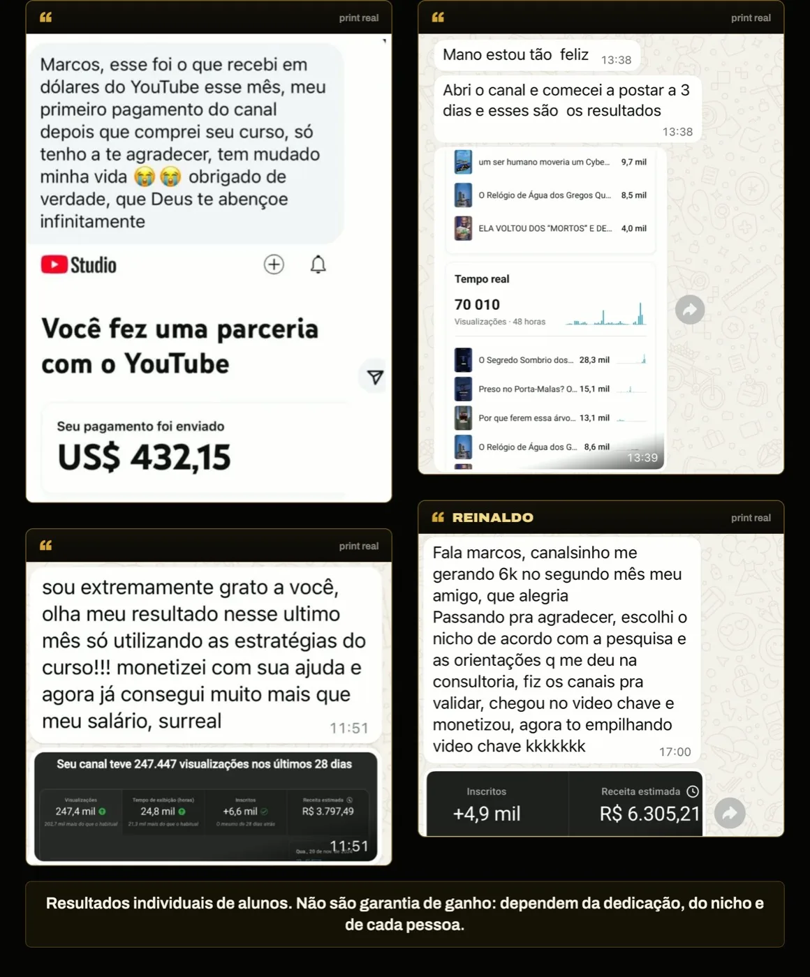 Prints de depoimentos de alunos